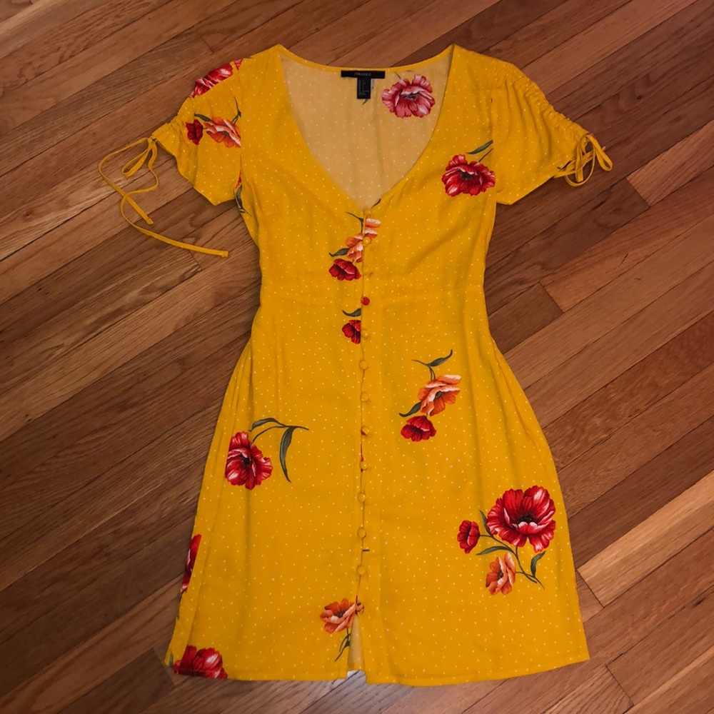 Forever 21 Yellow Floral/Polka Dot Dress SMALL